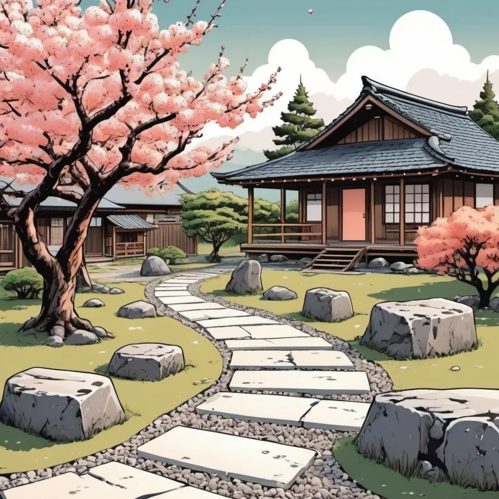 Prompt: Japanese style garden walking stones  and white gravel. Peach tree. Surrounded by western log cabins. Comic book art style
