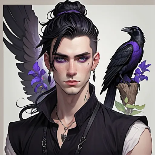 Prompt: Fey male, Pale skin, long black hair, messy man bun, piercing violet irises, large black raven wings, handsome, andy black, D&D sheet, oc character.