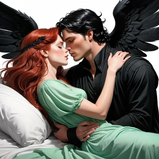 Prompt: Large bed, black sheets, mahogany carved headboard, beautiful red haired woman in mint green long flowy dress kissing black haired, well dressed male Fey with black angel wings. In love. Love. Deep kiss. Leaning over. Romance novel. Detailed faces. Laying down. Romance. Comic book art. Illustration.