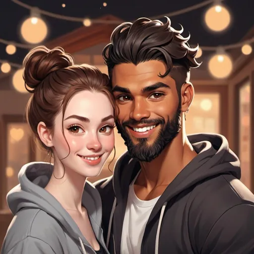 Prompt: Photo booth picture. Happy couple. Smile. ((beautiful black flowy haired woman with hair down in waves. pale skin)) ((handsome man reddish brown haired in messy man bun. muscular, Latino male, short beard.)) in love. black Hoodies. Detailed faces. Romance novel. Oil painting art. Webtoon style art. Blurried lights background