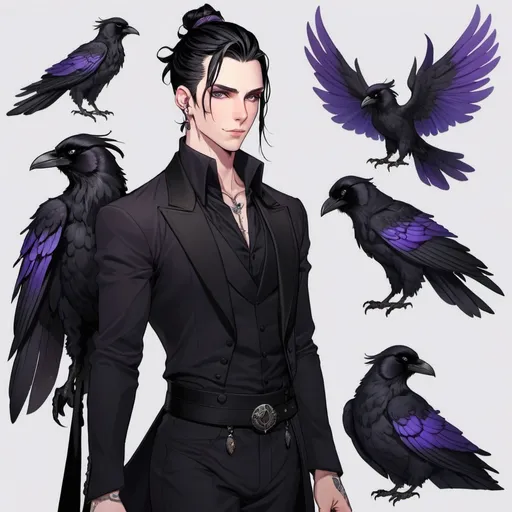 Prompt: Fey male, long pointed ears, Pale skin, long black hair, messy man bun, piercing violet irises, large black raven wings, handsome, andy black, D&D sheet, oc character. Same character Multiple views, well dressed. 