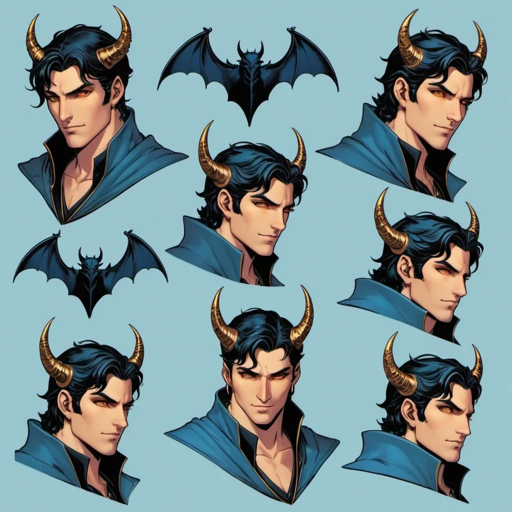 Prompt: Character sheet, multiple angles, same character, Dante with black demonic bat wings. Black hair. Gold eyes. Handsome.  Blue skin, two black spiraling horns. Comicbook art style. Toned. D&D sheet, oc character. Dantes inferno 