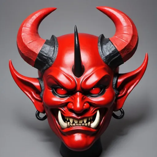Prompt: Face mask. Bottom half red oni mask. Top half devil mask with six horns
