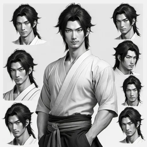 Prompt: 25 year old Japanese handsome man.   Tiger eyes white streak in mostly black hair. Traditional Japanese clothes black and silver. Attractive. Model. Romance novel. Kitsune. Light stuble. Muscular. Honor. gentle. loyal. dnd character sheet. pencil sketch. Multiple angles. detailed face. 