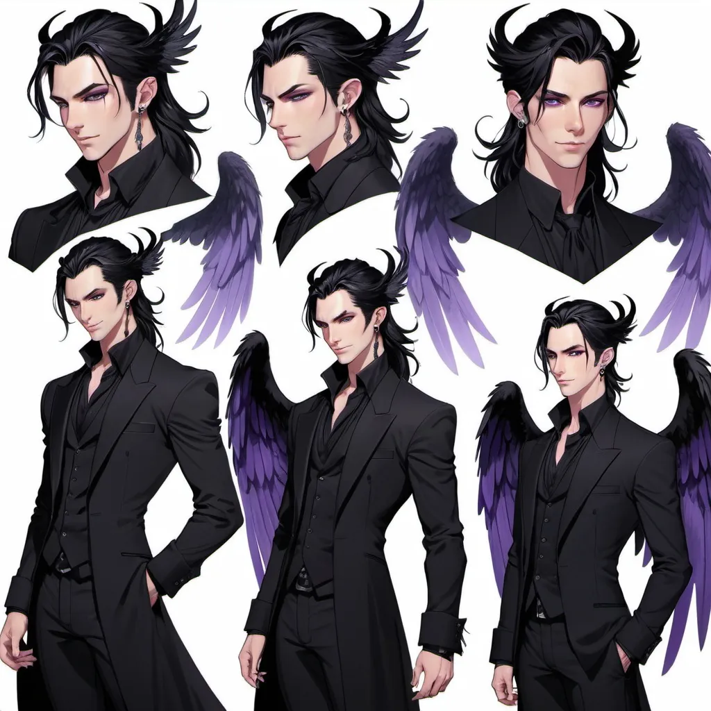 Prompt: Character sheet, multiple angles, same character, Fey male, long pointed ears, Pale skin, long black hair, messy man bun, piercing violet irises, large solid black angel wings, handsome, andy black, D&D sheet, oc character. well dressed. 