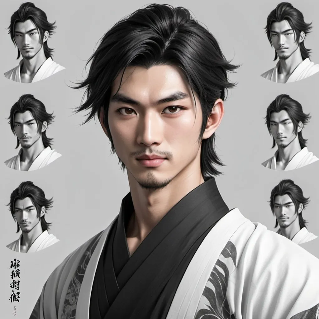 Prompt: 25 year old Japanese handsome man.   Tiger eyes white streak in mostly black hair. Traditional Japanese clothes black and silver. Attractive. Model. Romance novel. Kitsune. Light stuble. Muscular. Honor. gentle. loyal. dnd character sheet. pencil sketch. Multiple angles. detailed face. 