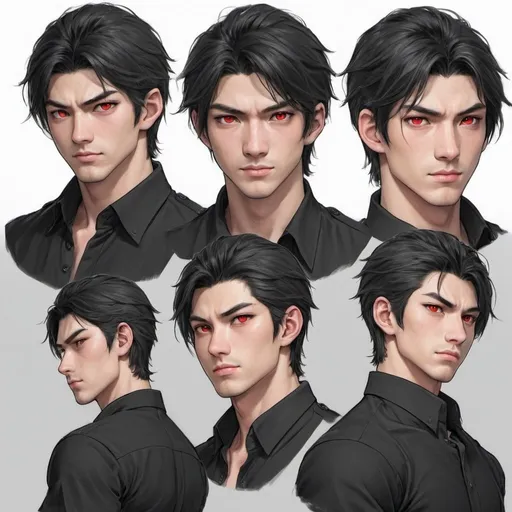 Prompt: 25 year old Japanese handsome man.   bright red eyes. white streak in  mostly black hair. wearing open black button up and black slacks. Light stuble. Muscular. Honor. gentle. loyal. dnd character sheet. pencil sketch. Multiple angles. detailed face. 