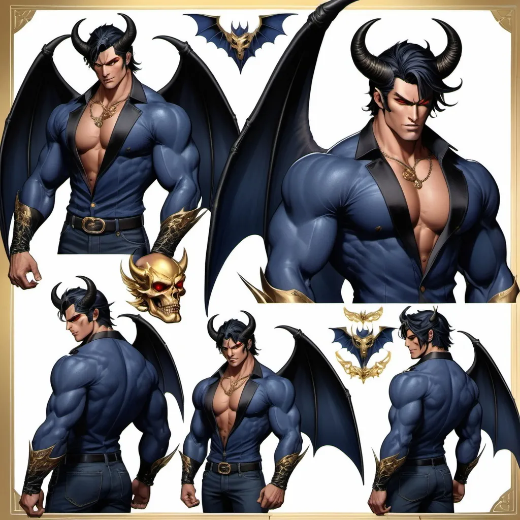 Prompt: Character sheet, multiple angles, same character, Devil jin with black demonic bat wings. Gold eyes. Handsome. Navy sapphire skin, two black spiraling horns. Comicbook art. Muscular but soft D&D sheet, oc character. well dressed. Tattoos