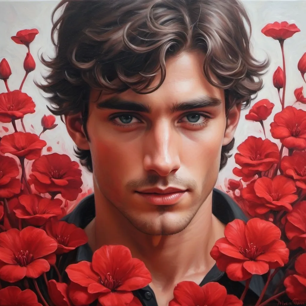 Prompt: Handsome. Red pedals. Monochromatic. Oil painting.  Romance novel. Fantasy. Fae. 