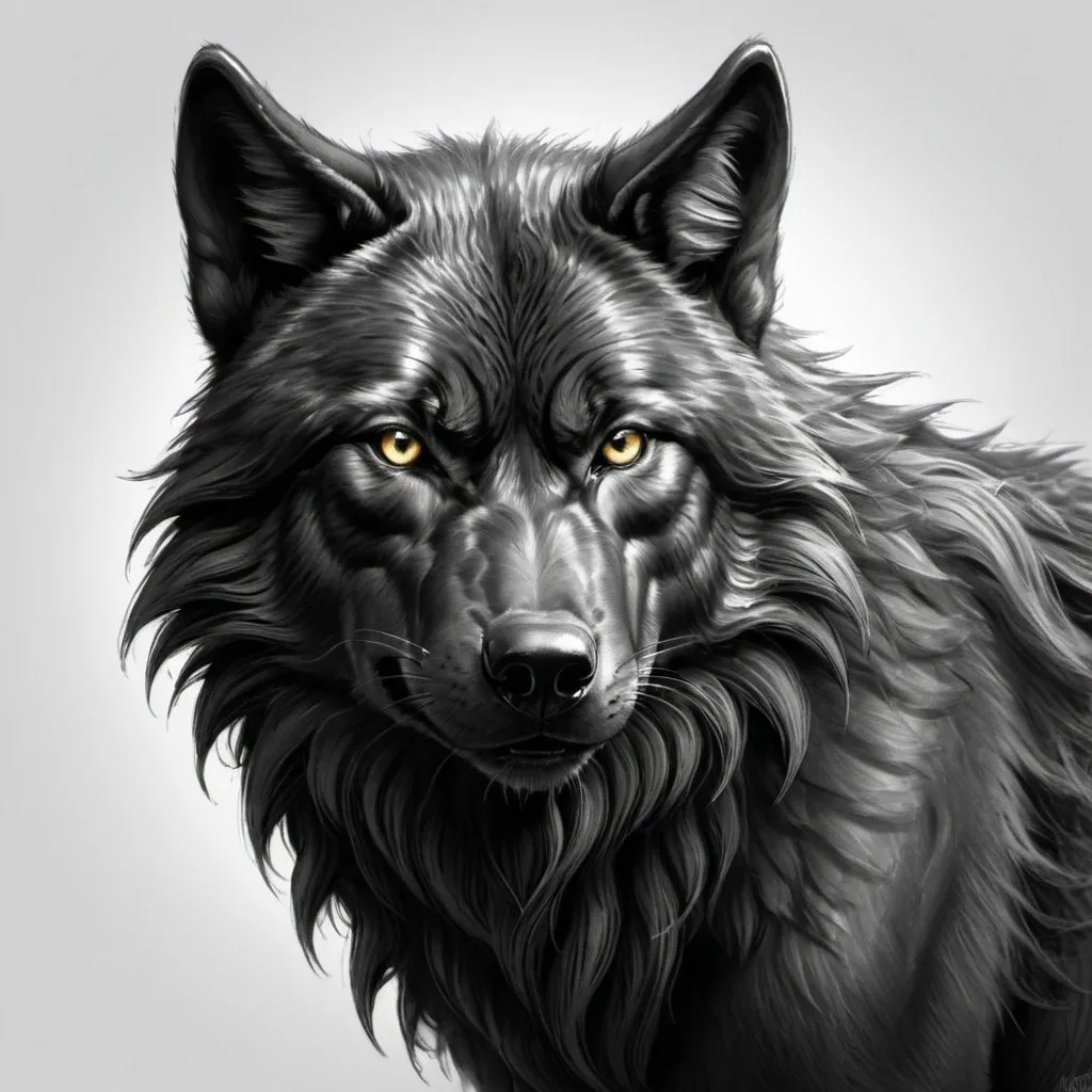 Prompt: Black wolf. beautiful. muscular. Alpha beast. large. Cartoon realistic. pencil sketch. 