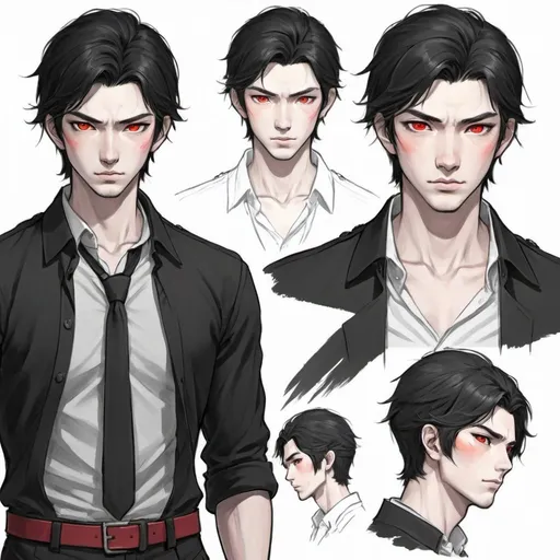 Prompt: 25 year old Japanese handsome man.   bright red eyes. white streak in  mostly black hair. wearing open black button up and black slacks. Honor. gentle. loyal. dnd character sheet. pencil sketch. Multiple angles 