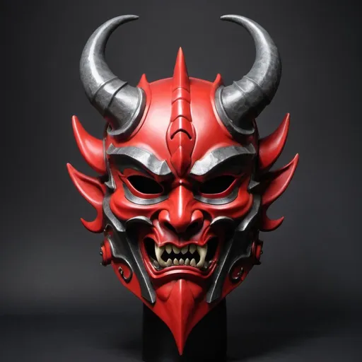 Prompt: Face mask. Bottom half red oni mask. Top knight armor mask with six horns