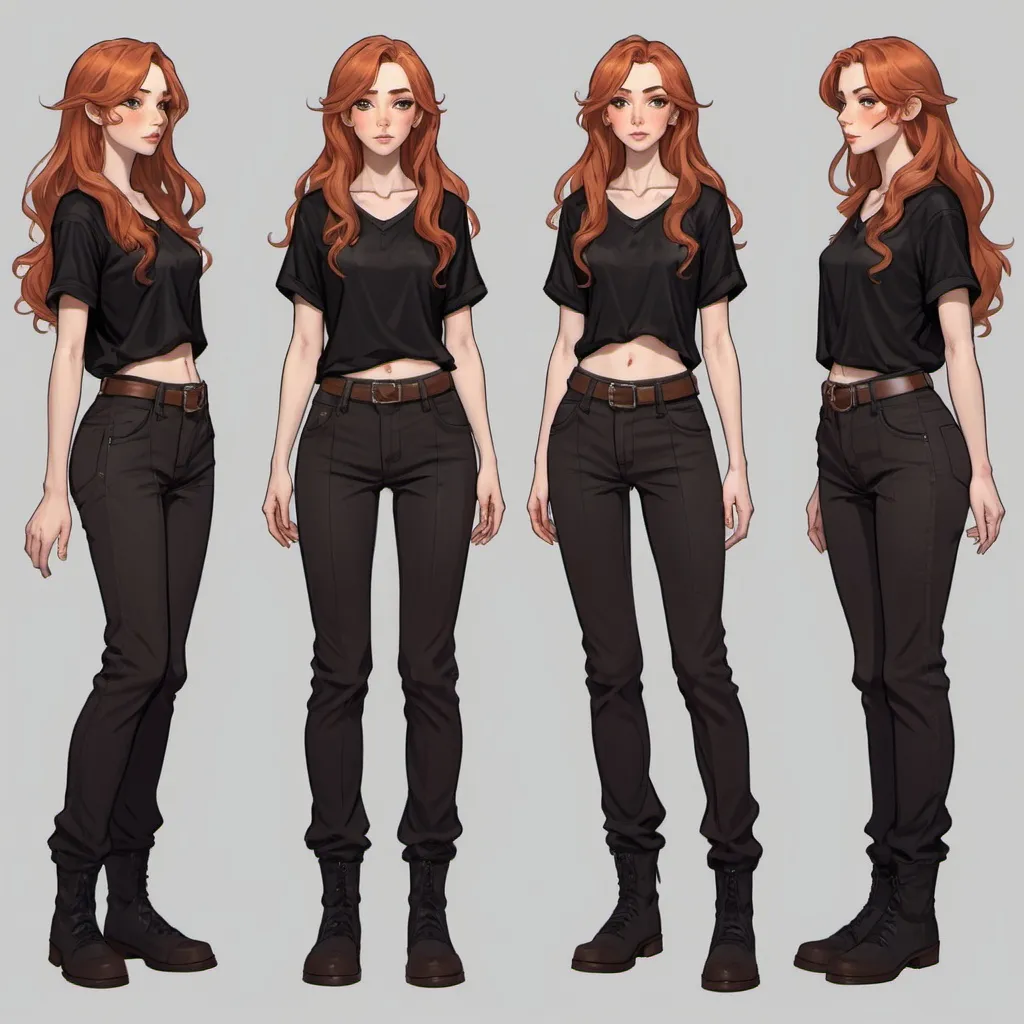 Prompt: Character sheet, multiple angles, same character, female human, peach skin, long auburn wavy hair, piercing hazel irises, tall slender body, dressed in simple black baggy fantasy shirt and baggy black pants, gorgeous, beautiful, D&D sheet, oc character. well dressed. 