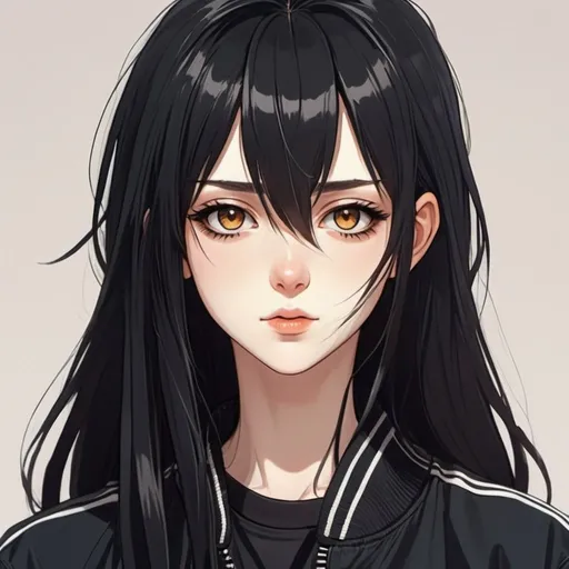Prompt: beautiful long black straight haired woman. pale skin. Tomboy clothes. Amber eyes.  90's style anime art. 