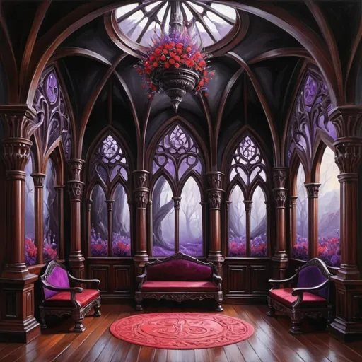 Prompt: Fantasy castle hall. Mahogany wood. Black interior. Vaces with red and purple flowers. Elven theme. Very detailed. Illustrations. Oil painting 