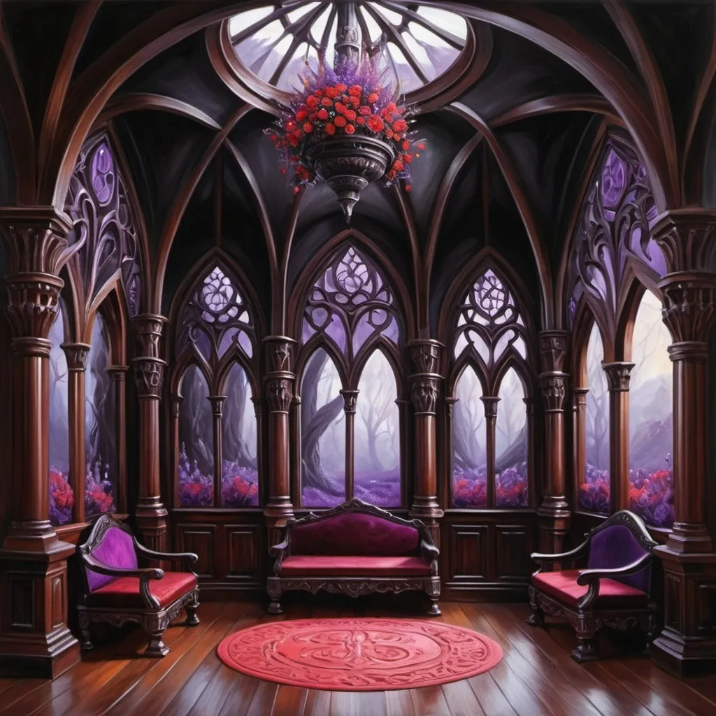 Prompt: Fantasy castle hall. Mahogany wood. Black interior. Vaces with red and purple flowers. Elven theme. Very detailed. Illustrations. Oil painting 