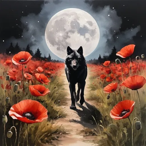 Prompt: book title art poppies field, red ans black watercolor splatter back ground, and full moon. Walking wolf pack silhouette in the back. Oil painting