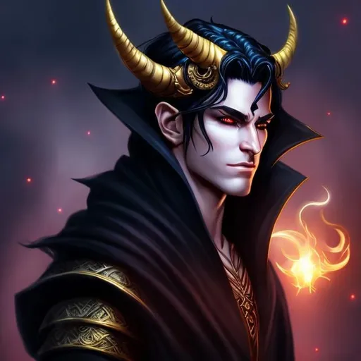 Prompt: A handsome demon from the D&D,  casting and dark spell. perfect gold eyes, full body character portrait, dark fantasy, detailed realistic face, digital portrait, fiverr dnd character, beautiful male Tiefling, dark sapphire skin, wearing flowy long-sleeved black shirt,