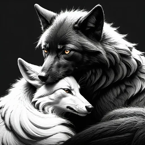 Prompt: Black wolf curled up cuddling with a black and white fox. Comicbook art style. Love. Sweet. Pencil sketch. 