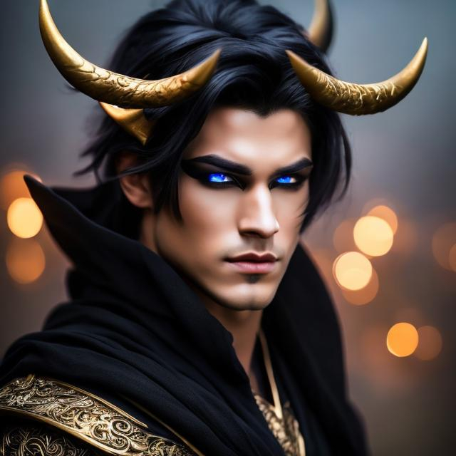 Prompt: A handsome demon, oc for D&D,  casting and dark spell. perfect gold eyes, full body character portrait, dark fantasy, detailed realistic face, digital portrait, fiverr dnd character, beautiful male Tiefling, dark sapphire skin,  obsidian-hued horns, wearing flowy long-sleeved black shirt,