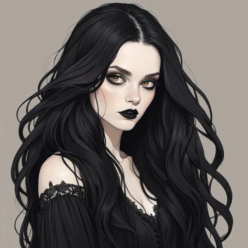 Prompt: beautiful long black flowy haired woman. pale skin. goth. Margo Robbie. Amber eyes. Hand drawing.