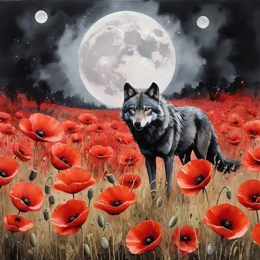 Prompt: book title art poppies field, red ans black watercolor splatter back ground, and full moon. Distant wolf pack. Oil painting