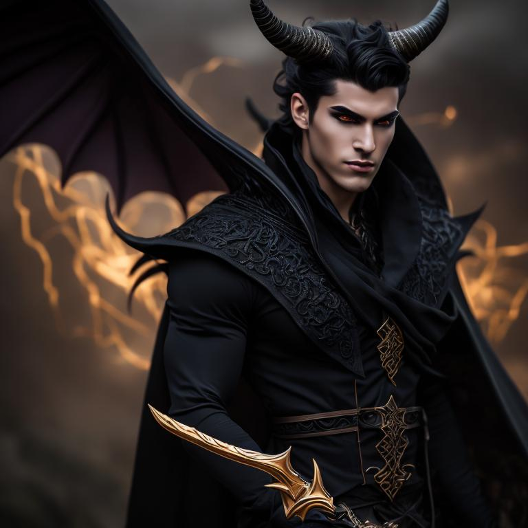 Prompt: A handsome demon, oc for D&D,  casting and dark spell. perfect gold eyes, full body character portrait, dark fantasy, detailed realistic face, digital portrait, fiverr dnd character, beautiful male Tiefling, dusk colored skin tone,  obsidian-hued horns, wearing flowy long-sleeved black shirt, large bat wings