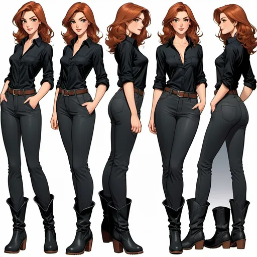 Prompt: Character sheet, multiple angles, same character, tall slender young woman, with medium-length wavy auburn hair, peach skin with pretty hazel eyes, beautiful, gorgeous face, wearing a oversized poofy black shirt, wearing long straight leg pants, wearing tall black boots, fantasy genre, tomboy. comicbook art 
