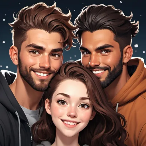 Prompt: Photo booth picture strip. Happy. Smile. ((beautiful black flowy haired woman with hair down in waves. pale skin)) ((handsome man reddish brown haired in messy man bun. muscular, Latino male, short beard.)) in love. black Hoodies. Detailed faces. Romance novel. Oil painting art. Webtoon style art. Blurried lights background