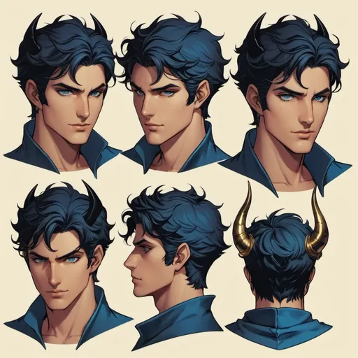 Prompt: Character sheet, multiple angles, same character, Dante with black demonic bat wings. Black hair. Gold eyes. Handsome.  Blue skin, two black spiraling horns. Comicbook art style. Toned. D&D sheet, oc character. Dantes inferno 