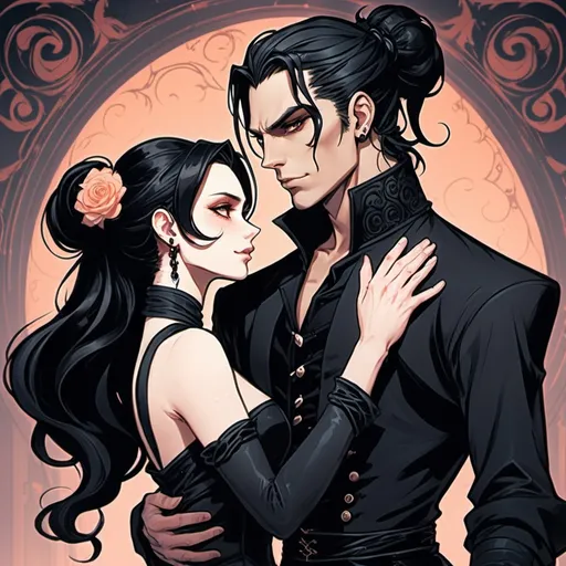 Prompt: Male fey dress in fancy gothic fantasy attire that looks like softer features andy black with long black hair in messy man bun ballroom dancing with a female human with peach skin and long auburn wavy hair, dressed in baggy black fantasy male clothes. Clearly in love. Staring at each other. Love. Comicbook art