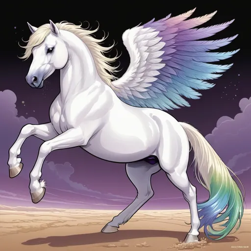 Prompt: White stallion Pegasus with pastel rainbow mane and tail. Dark violet snout marking that stretches higher on the right side. Sandy brown eyes. Large iridescent white wings. Feathery tuffs on legs. Full body. Comic book art. 
