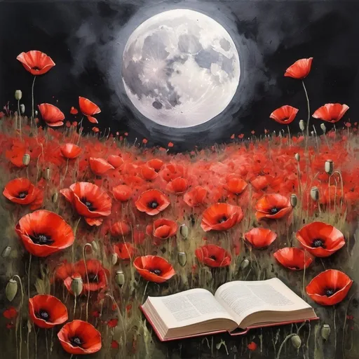 Prompt: book title art poppies field, red ans black watercolor splatter back ground, and full moon. Oil painting