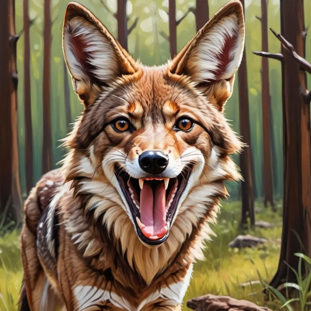 Prompt: Tongue out. Happy playful. chocolate brown coyote. hand drawing. Comic book art. Oil painting. forest background 