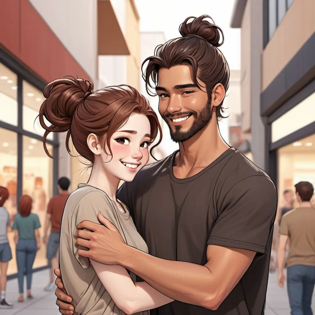 Prompt: Arm around shoulder. laughing. ((beautiful black flowy haired woman)) pale skinned female (( handsome man reddish brown haired in messy man bun)), light tan skinned male, short beard. in love. Detailed faces. Romance. Webtoon Manga cartoon art. Illustration. Outside mall background