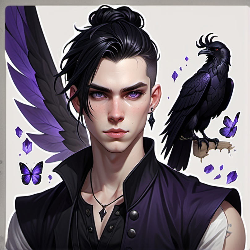 Prompt: Fey male, Pale skin, long black hair, messy man bun, piercing violet irises, large black raven wings, handsome, andy black, D&D sheet, oc character.