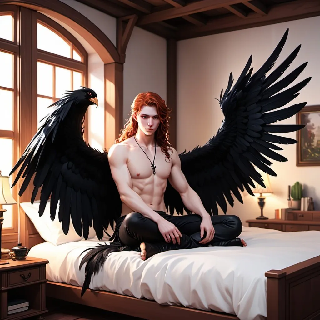Prompt: D&D inn bed room, handsome male Fey with black feathered wings, pale skin and Beautiful auburn wavy haired human sitting on the bed awkwardly together. Nervous and amused