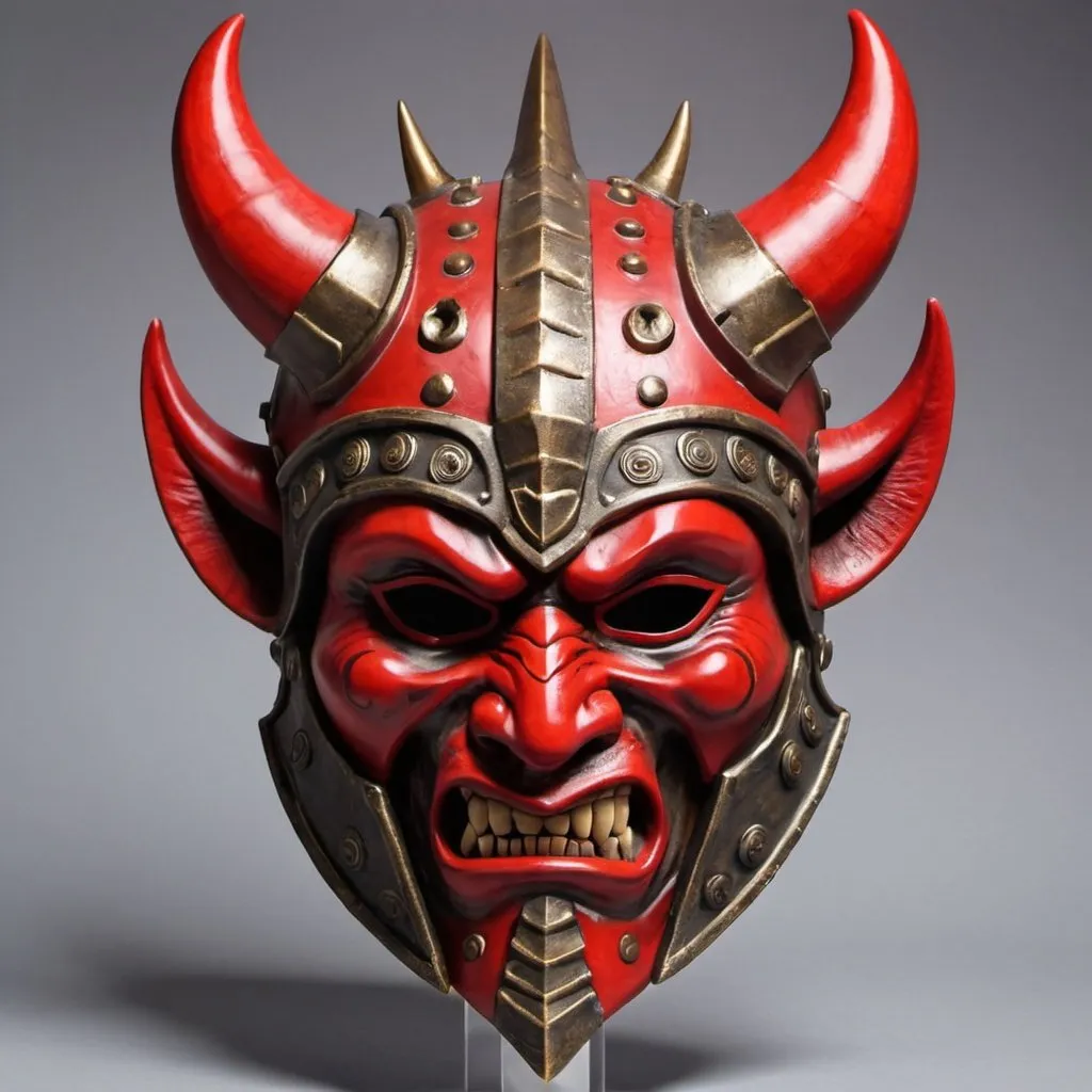 Prompt: Face mask. Bottom half red oni mask. Top Trojan armor mask with six horns