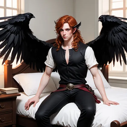 Prompt: D&D inn bed room, handsome male Fey with black feathered wings, pale skin and Beautiful auburn wavy haired human sitting on the bed awkwardly together. Nervous and amused