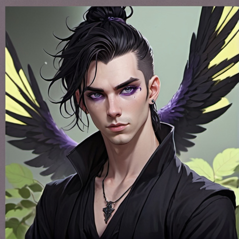 Prompt: Fey male, Pale skin, long black hair, messy man bun, violet eyes, black raven wings, handsome, andy black, D&D sheet, oc character.