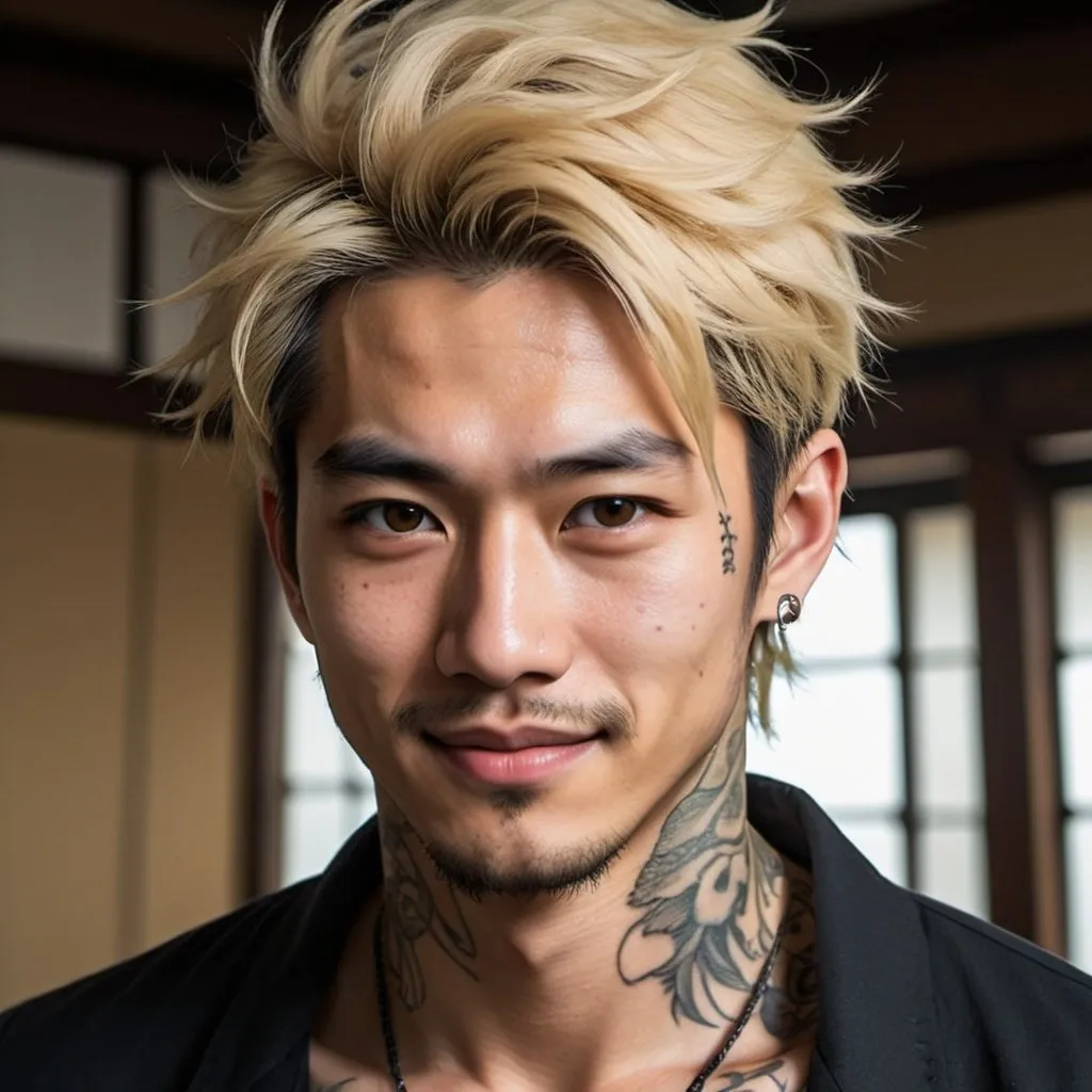 Prompt: 25 year old Japanese handsome man.  Fox pupils brown eyes blonde streak in black feathery hair. Tattoos. scars. Yakuza. Honor. Oil painting. Comicbook art. Subtle smile
