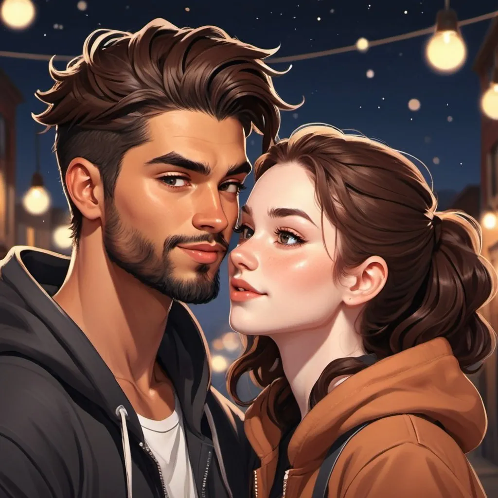 Prompt: Photo booth picture. Happy couple. Kiss. ((beautiful black flowy haired woman with hair down in waves. pale skin)) ((handsome man reddish brown haired in messy man bun. muscular, Latino male, short beard.)) in love. black Hoodies. Detailed faces. Romance novel. Oil painting art. Webtoon style art. Twinkling lights and simple background