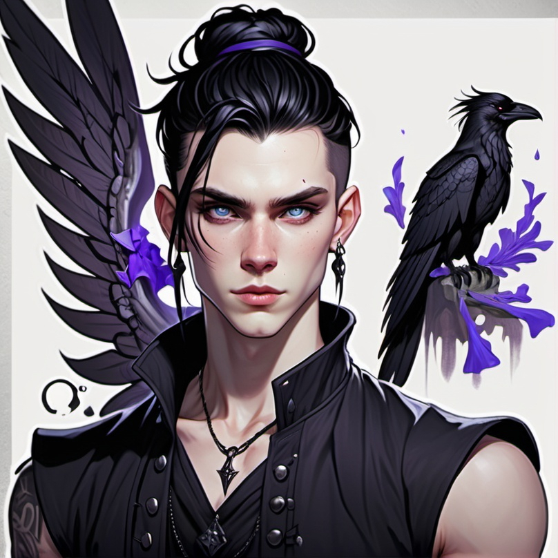 Prompt: Fey male, Pale skin, long black hair, messy man bun, piercing violet irises, large black raven wings, handsome, andy black, D&D sheet, oc character.