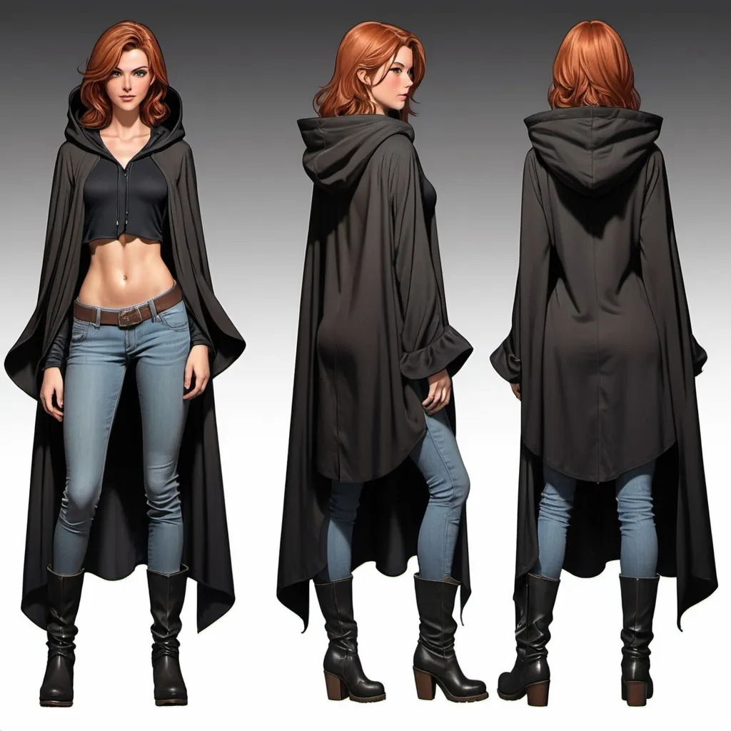 Prompt: Character sheet, multiple angles, same character, tall slender young woman, with medium-length wavy auburn hair, peach skin with pretty hazel eyes, beautiful, gorgeous face, wearing a large hooded cloak, wearing a oversized poofy black shirt, wearing long straight leg pants, wearing tall black boots, fantasy genre, tomboy. Baggy clothes, comicbook art 
