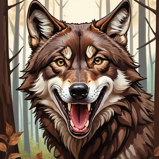 Prompt: Tongue out. Happy playful. chocolate brown wolf hand drawing. Comic book art. Oil painting. forest background 