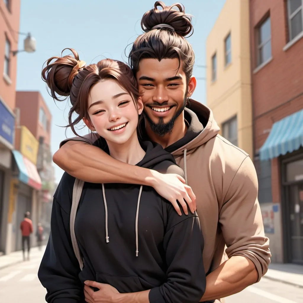 Prompt: Piggyback ride. Female on back. laughing. ((beautiful black flowy haired woman hair down.)) pale skinned female ((handsome man reddish brown haired in messy man bun. muscular)), light tan skinned male, short beard. in love. black Hoodies. Detailed faces. Romance. Webtoon Manga cartoon art. Illustration. Outside background