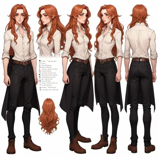 Prompt: Character sheet, multiple angles, same character, female human, peach skin, long auburn wavy hair, piercing hazel irises, tall slender body, dressed in simple black baggy fantasy male fashion, gorgeous, beautiful, D&D sheet, oc character. well dressed. 