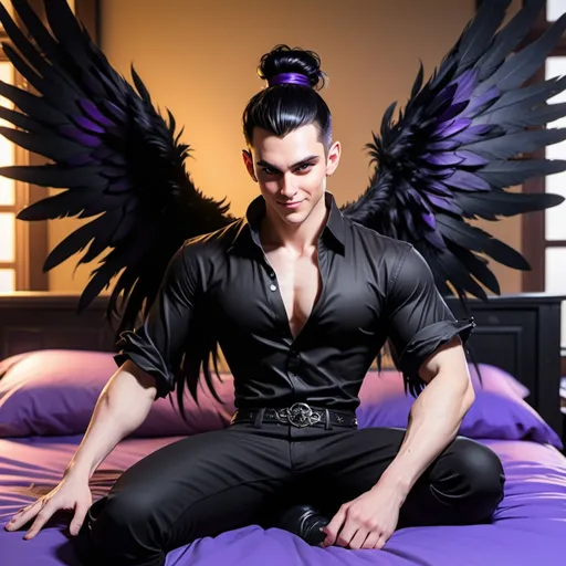 Prompt: D&D inn bed room, handsome male Fey with large black feathered wings, pale skin and black haired sitting on the edge of the bed awkwardly. Messy man bun, Devilish smirk amused, legs crossed, playful smile, piercing violet irises, black satin shirt, andy black,