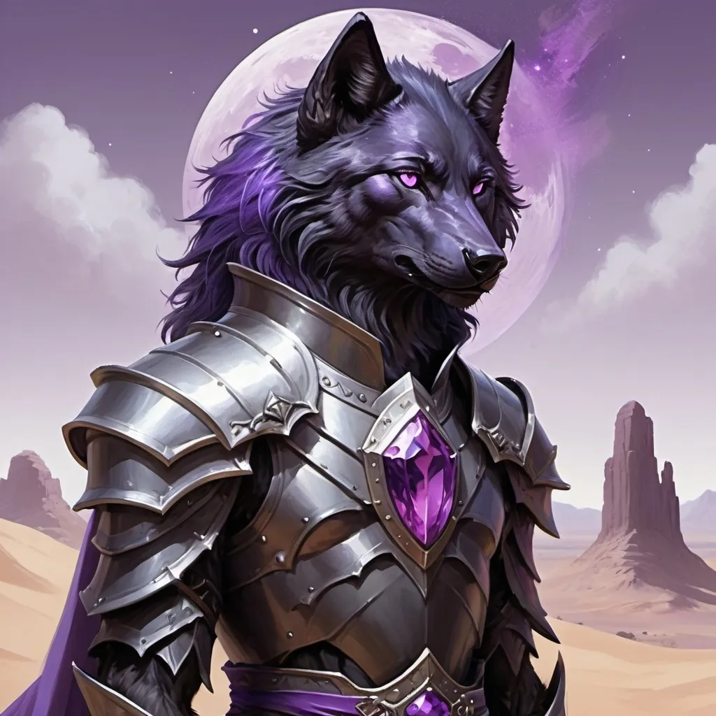 Prompt: Desert. Black wolf. Knight. Humanoid. Purple crystal on forhead. Purple eyes. Magic the gathering style painting.  Handsome. Full-body. Fluffy tail. Love interest. romance novel