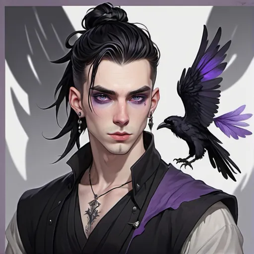 Prompt: Fey male, Pale skin, long black hair, messy man bun, piercing violet irises, large black raven wings, handsome, andy black, D&D sheet, oc character.